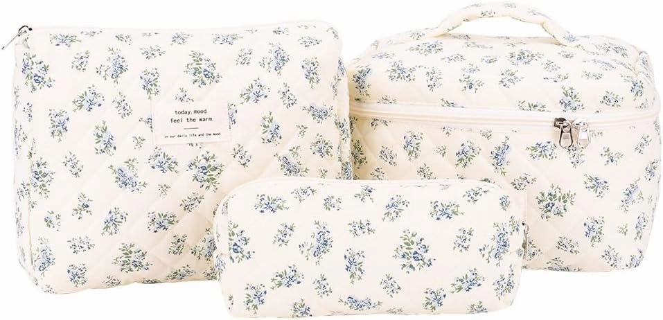 Floral Makeup Bag Set Cute Makeup Bag Small Quilted Makeup Bag Set Aesthetic Floral Travel Cosmetic Bag For Women Travel Toiletry Bag (Blue Flower C)