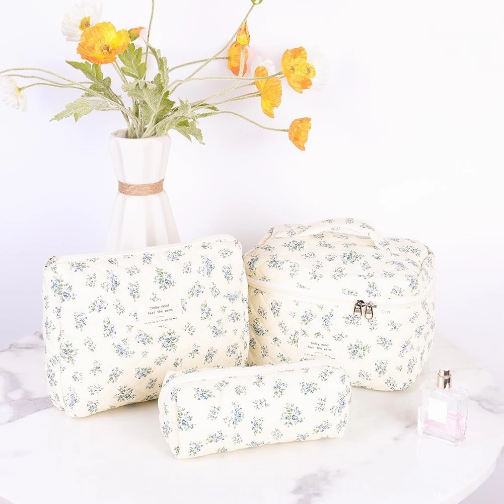 Floral Makeup Bag Set Cute Makeup Bag Small Quilted Makeup Bag Set Aesthetic Floral Travel Cosmetic Bag For Women Travel Toiletry Bag (Blue Flower C)