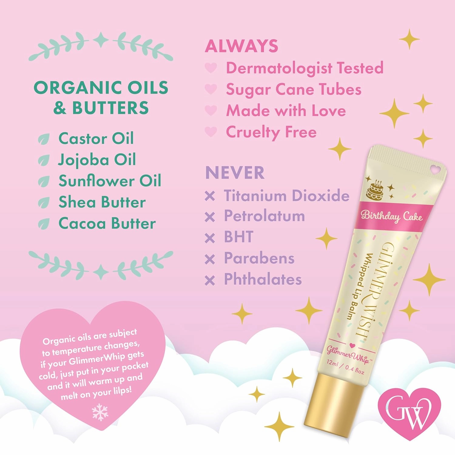 Glimmer Whip Hydrating Lip Balm – Moisturizing Care with Organic Castor Oil, Jojoba Oil, Shea Butter, Cocoa Butter – Nourishing Treatment, Lip Products, Vegan and Non-toxic (Birthday Cake)