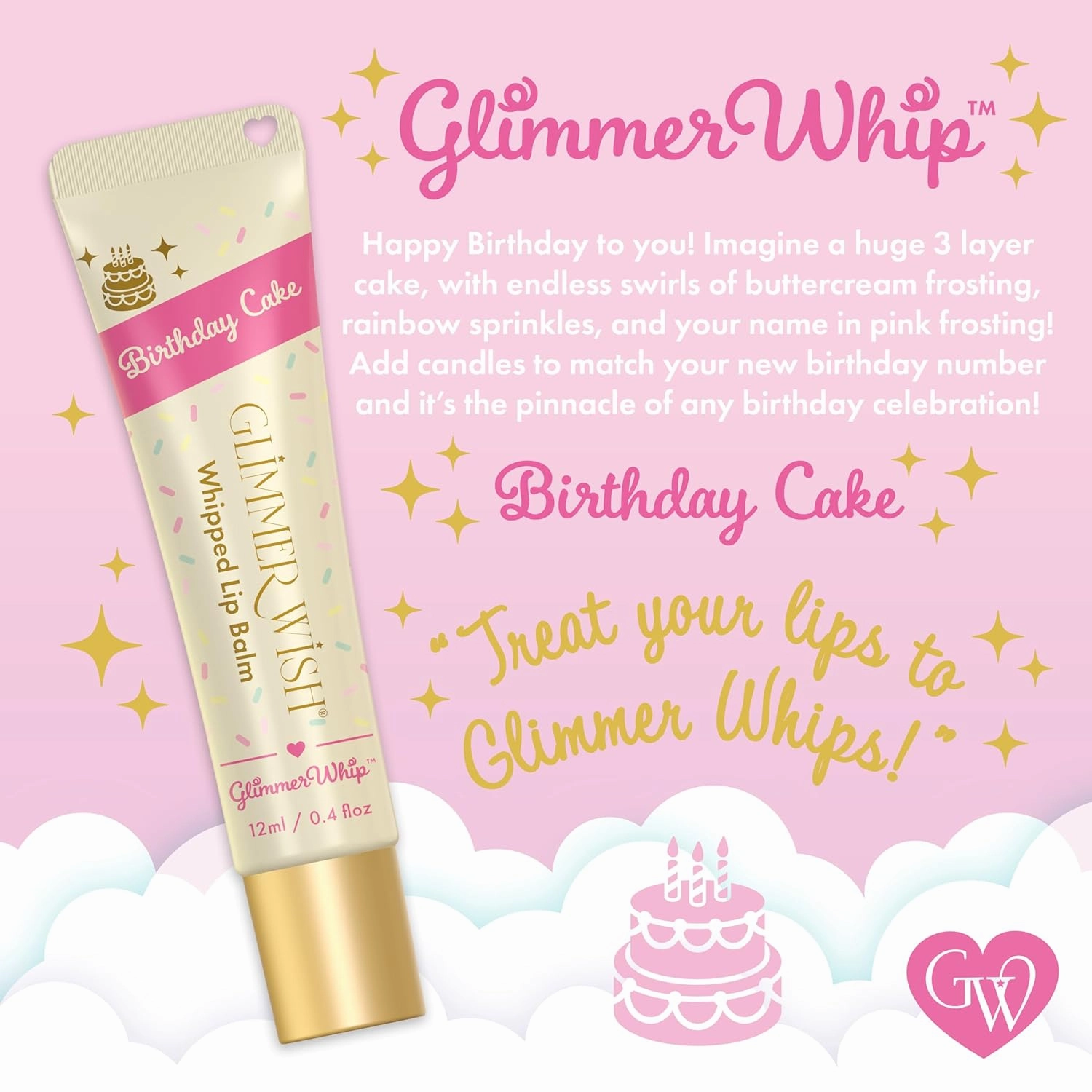 Glimmer Whip Hydrating Lip Balm – Moisturizing Care with Organic Castor Oil, Jojoba Oil, Shea Butter, Cocoa Butter – Nourishing Treatment, Lip Products, Vegan and Non-toxic (Birthday Cake)