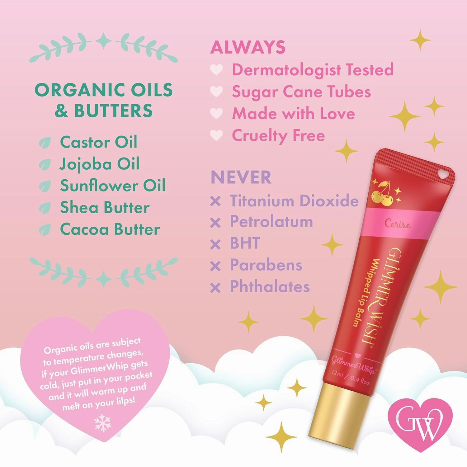 Glimmer Whip Hydrating Lip Balm – Moisturizing Care with Organic Castor Oil, Jojoba Oil, Shea Butter, Cocoa Butter – Nourishing Treatment, Lip Products, Vegan and Non-toxic (Cerise)