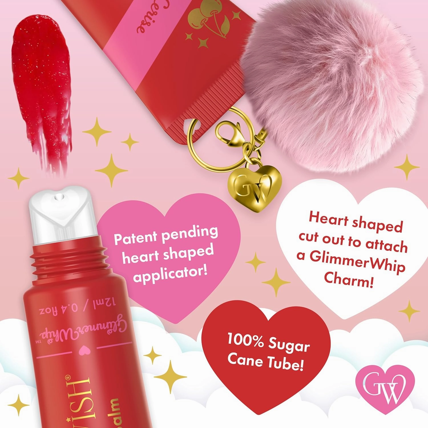 Glimmer Whip Hydrating Lip Balm – Moisturizing Care with Organic Castor Oil, Jojoba Oil, Shea Butter, Cocoa Butter – Nourishing Treatment, Lip Products, Vegan and Non-toxic (Cerise)
