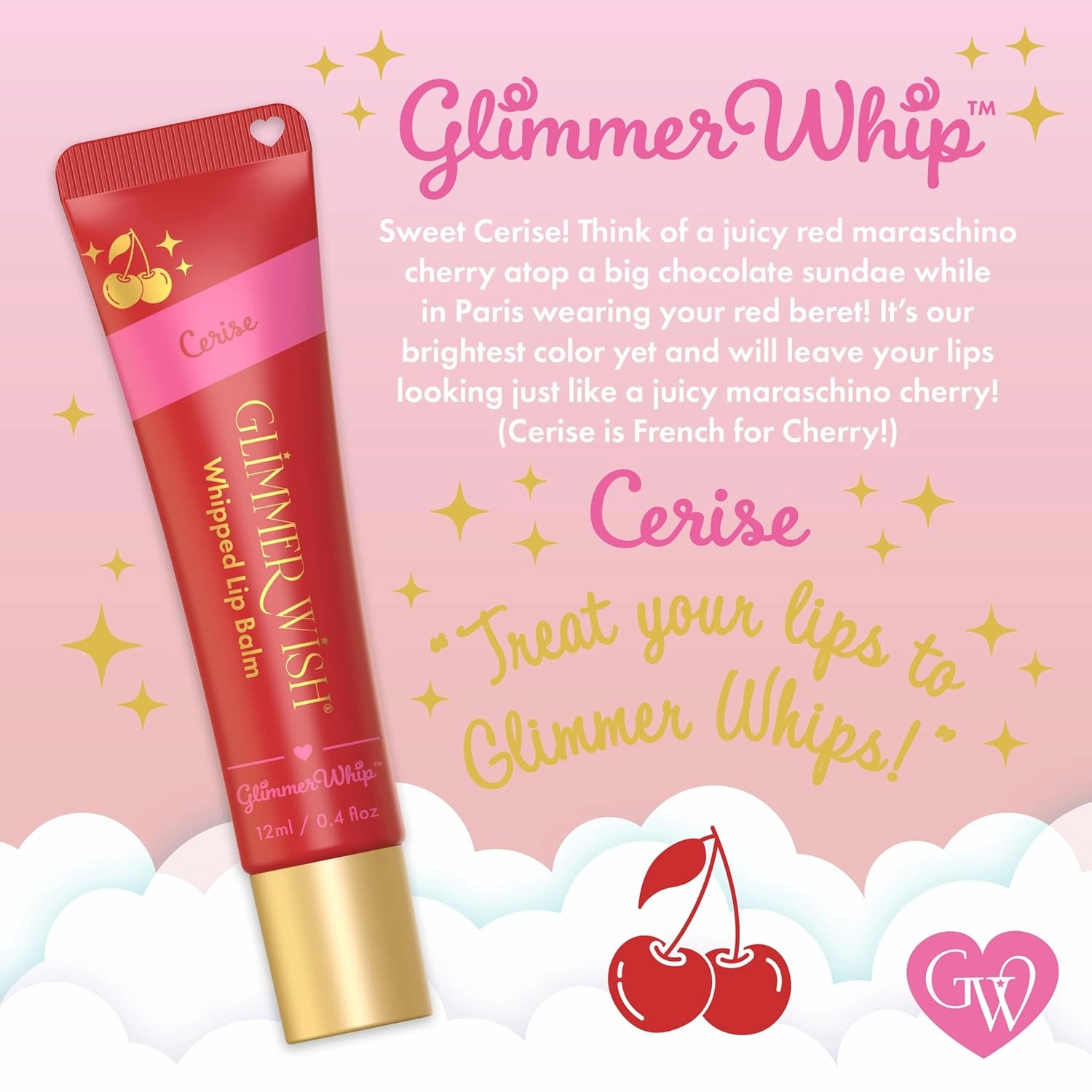 Glimmer Whip Hydrating Lip Balm – Moisturizing Care with Organic Castor Oil, Jojoba Oil, Shea Butter, Cocoa Butter – Nourishing Treatment, Lip Products, Vegan and Non-toxic (Cerise)