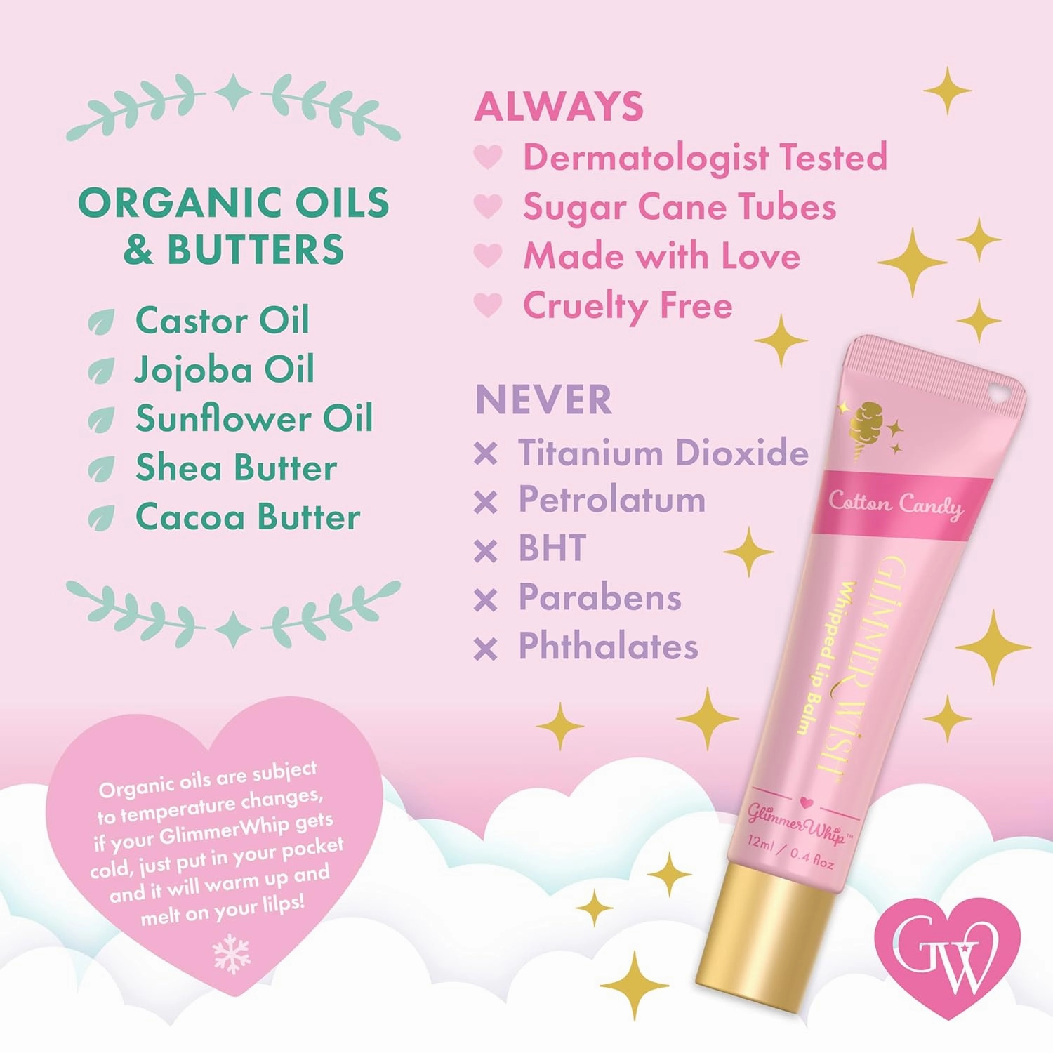 Glimmer Whip Hydrating Lip Balm – Moisturizing Care with Organic Castor Oil, Jojoba Oil, Shea Butter, Cocoa Butter – Nourishing Treatment, Lip Products, Vegan and Non-toxic (Cotton Candy)