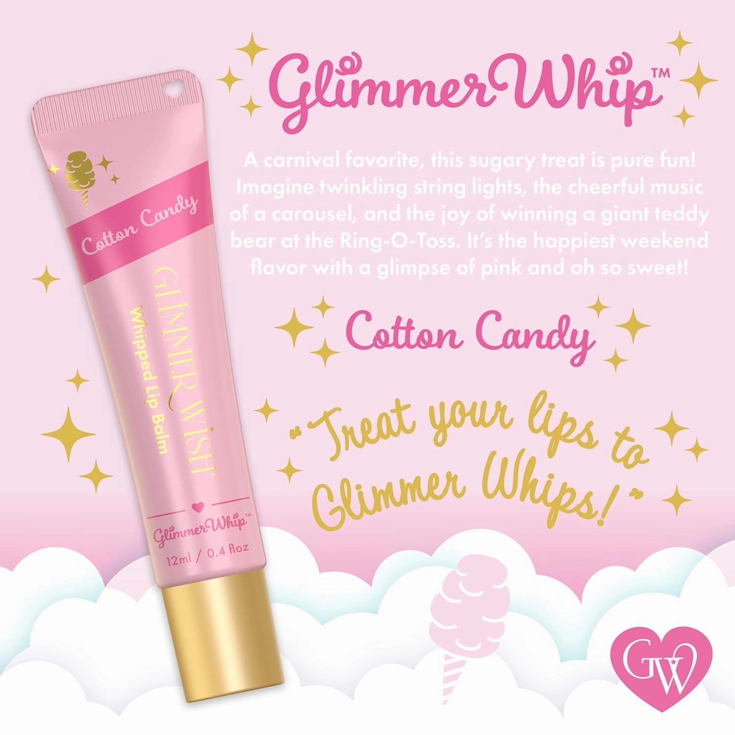 Glimmer Whip Hydrating Lip Balm – Moisturizing Care with Organic Castor Oil, Jojoba Oil, Shea Butter, Cocoa Butter – Nourishing Treatment, Lip Products, Vegan and Non-toxic (Cotton Candy)