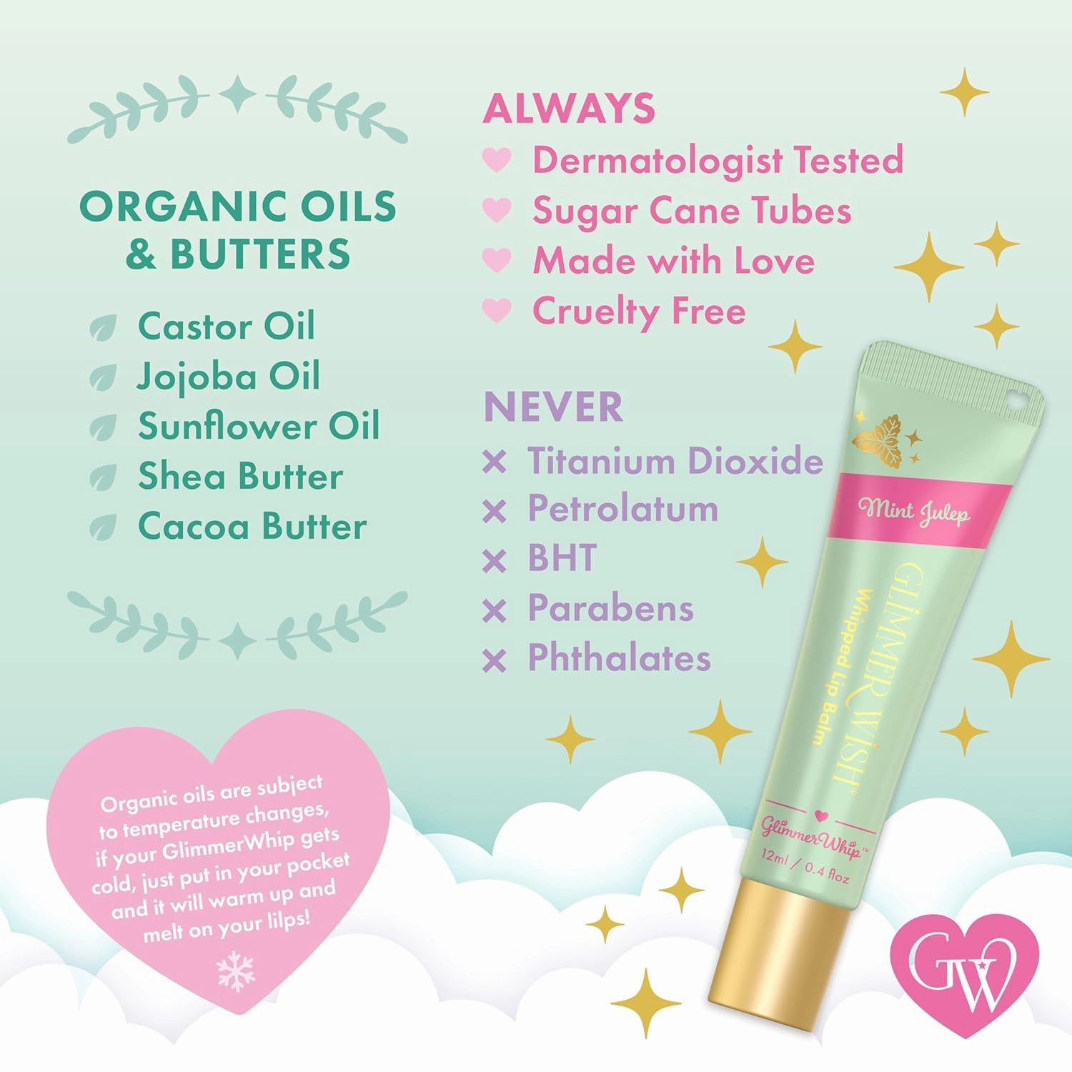 Glimmer Whip Hydrating Lip Balm – Moisturizing Care with Organic Castor Oil, Jojoba Oil, Shea Butter, Cocoa Butter – Nourishing Treatment, Lip Products, Vegan and Non-toxic (Mint Julep)