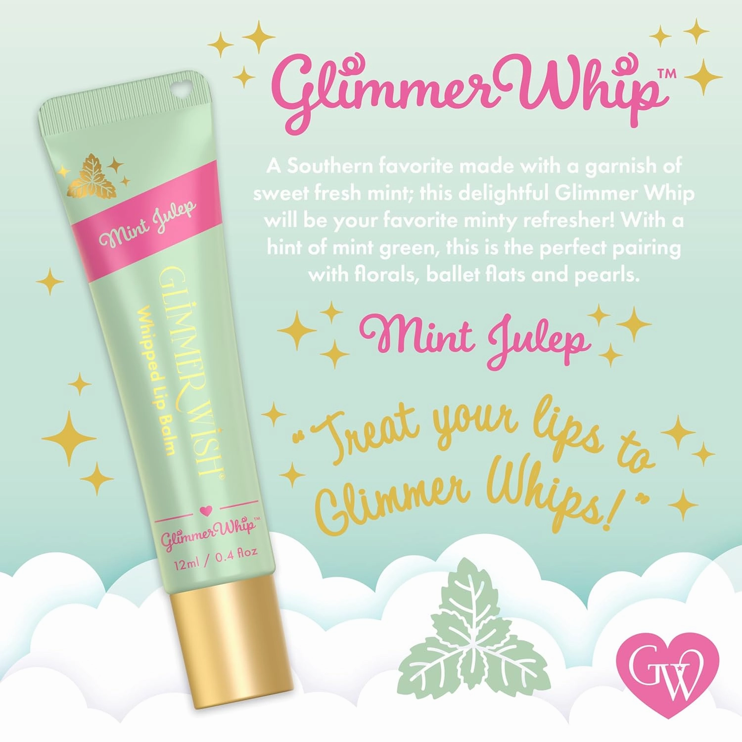 Glimmer Whip Hydrating Lip Balm – Moisturizing Care with Organic Castor Oil, Jojoba Oil, Shea Butter, Cocoa Butter – Nourishing Treatment, Lip Products, Vegan and Non-toxic (Mint Julep)
