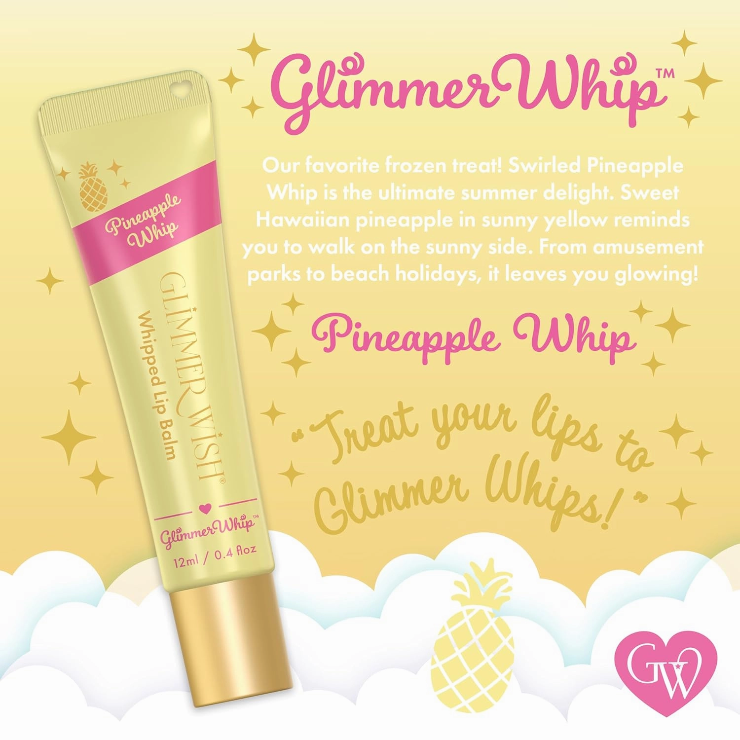 Glimmer Whip Hydrating Lip Balm – Moisturizing Care with Organic Castor Oil, Jojoba Oil, Shea Butter, Cocoa Butter – Nourishing Treatment, Lip Products, Vegan and Non-toxic (Pineapple Whip)