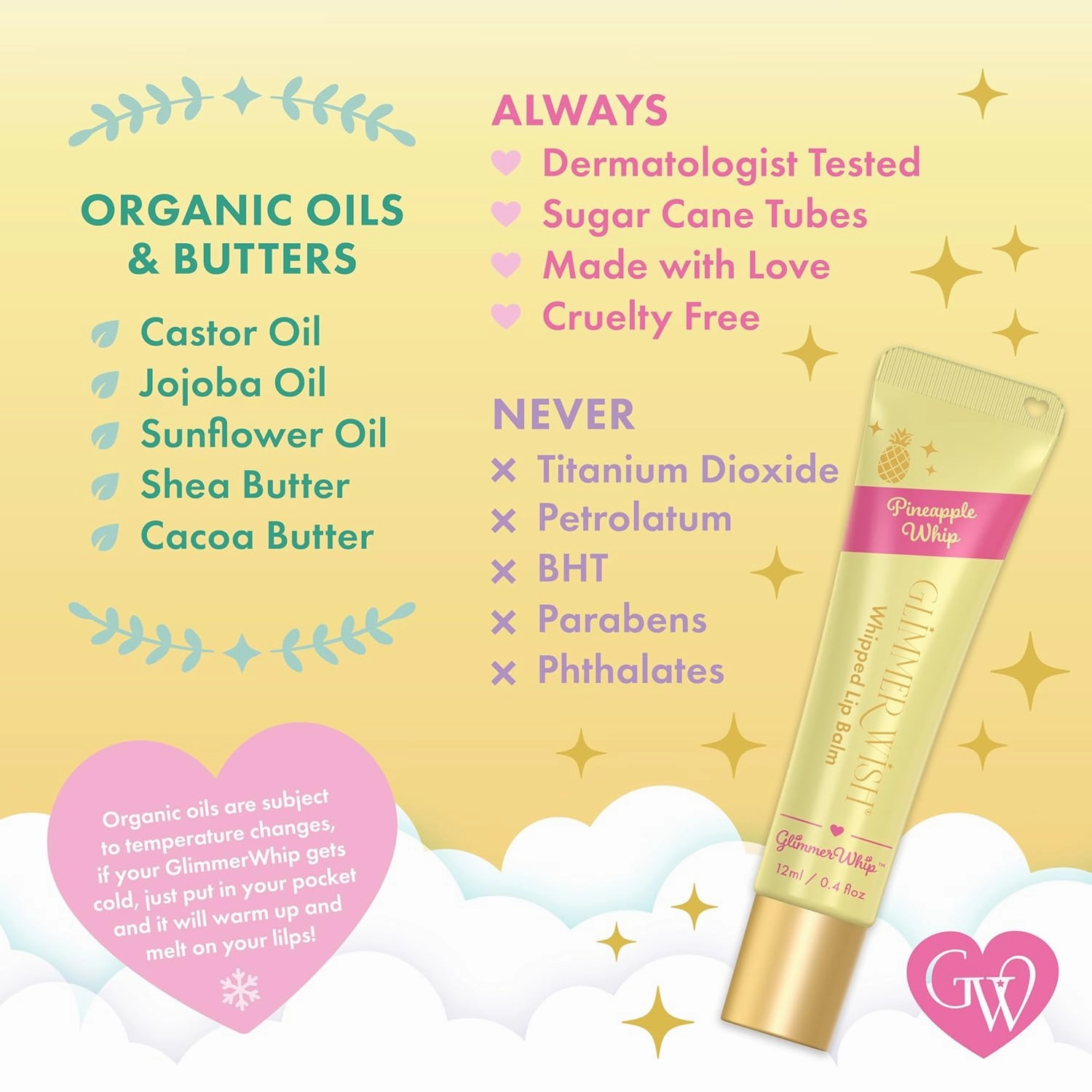 Glimmer Whip Hydrating Lip Balm – Moisturizing Care with Organic Castor Oil, Jojoba Oil, Shea Butter, Cocoa Butter – Nourishing Treatment, Lip Products, Vegan and Non-toxic (Pineapple Whip)