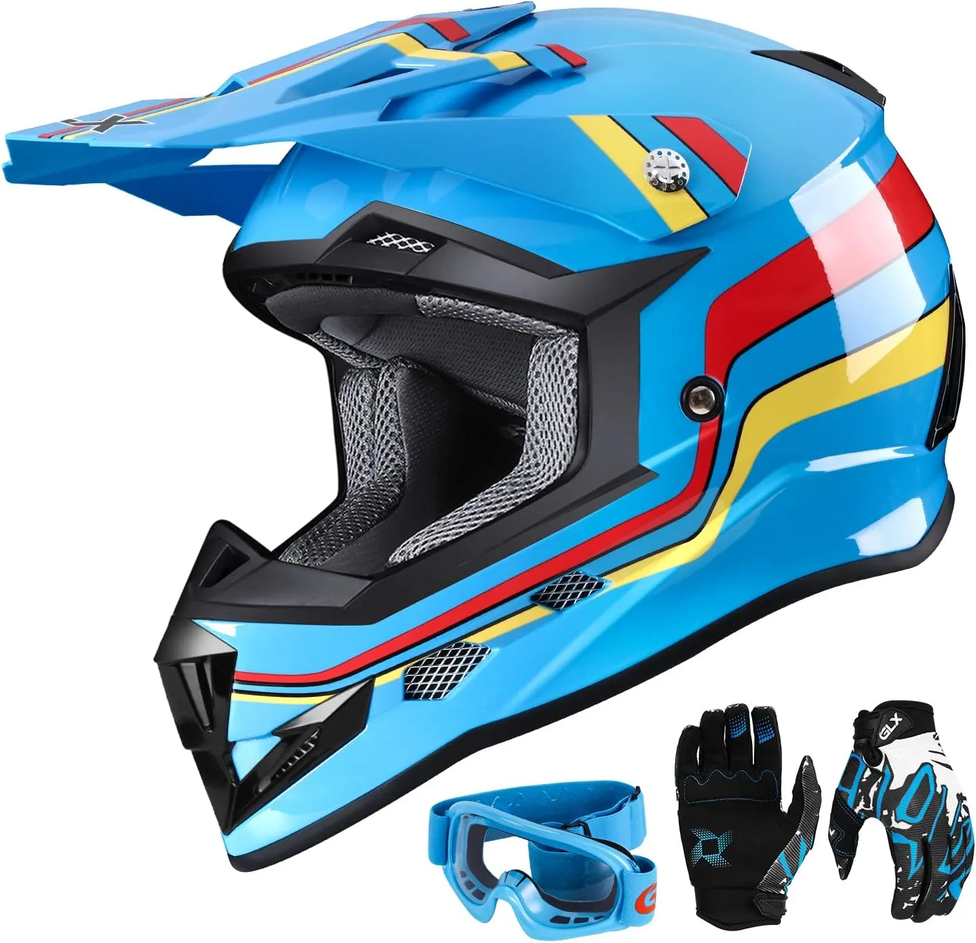 GLX GX623 Youth ATV/Dirt Bike Helmet Combo - Retro Blue, Medium - DOT