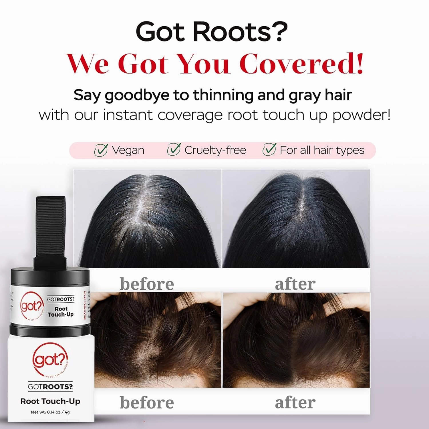 Got? Roots - Root Touch Up Hair Color, Brow, Beard, Hairline & Bald Spot Concealing Powder - Gray Root Coverage for Women & Men - 0.14 OZ Tub (Medium Brown, Pack of 2)