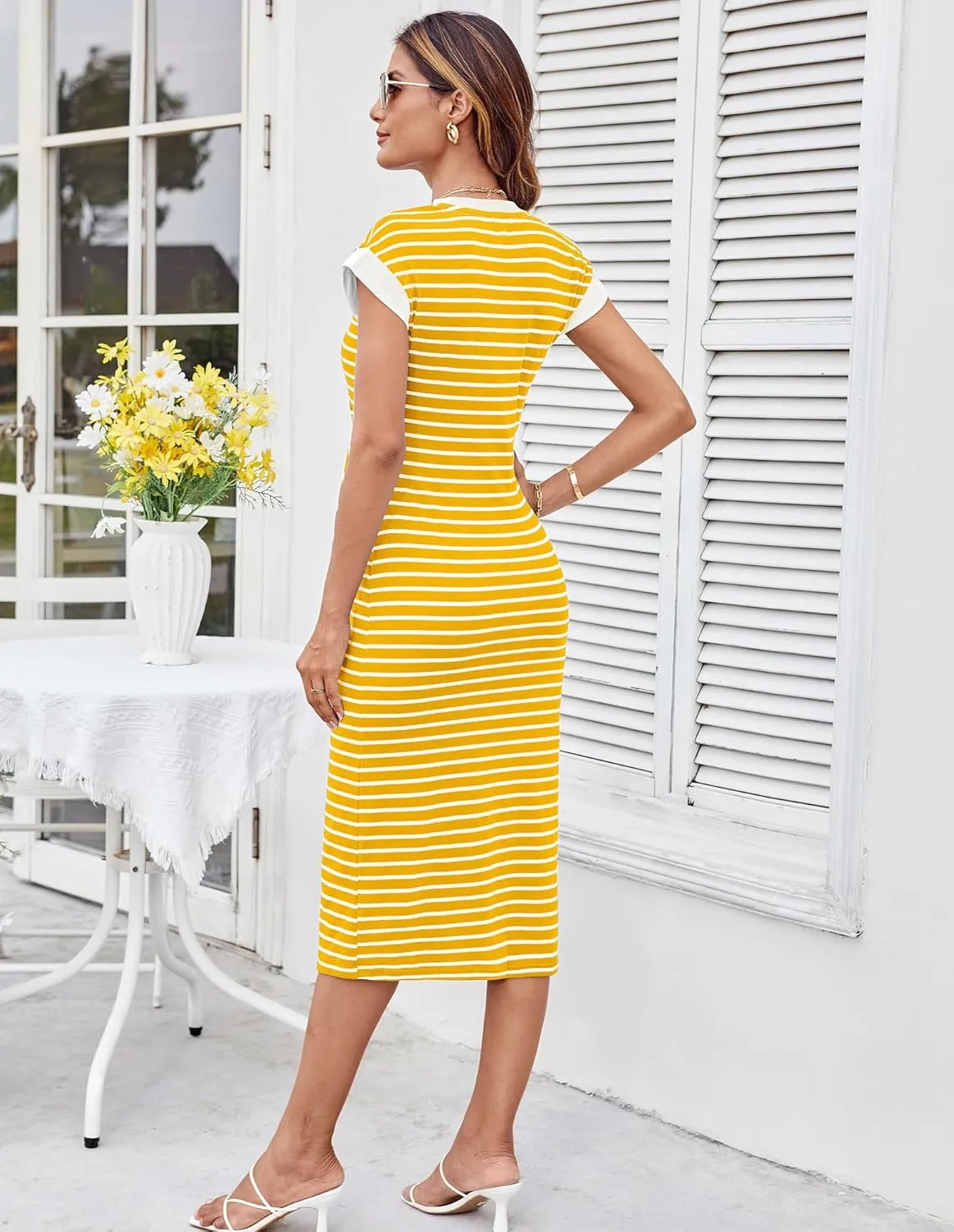 GRACE KARIN Women's Summer Striped Round Neck Cap Sleeve Casual Tie Waist Side Split Bodycon Pencil Midi Dresses