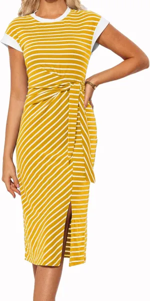 GRACE KARIN Women's Summer Striped Round Neck Cap Sleeve Casual Tie Waist Side Split Bodycon Pencil Midi Dresses