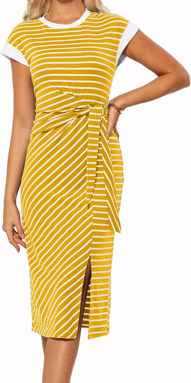 GRACE KARIN Women's Summer Striped Round Neck Cap Sleeve Casual Tie Waist Side Split Bodycon Pencil Midi Dresses