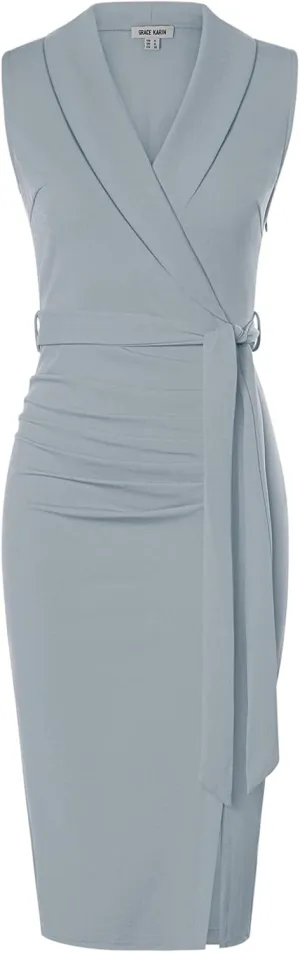 GRACE KARIN Women's Wear to Work Sleeveless Ruched Bodycon Office Pencil Midi Dresses with Belt