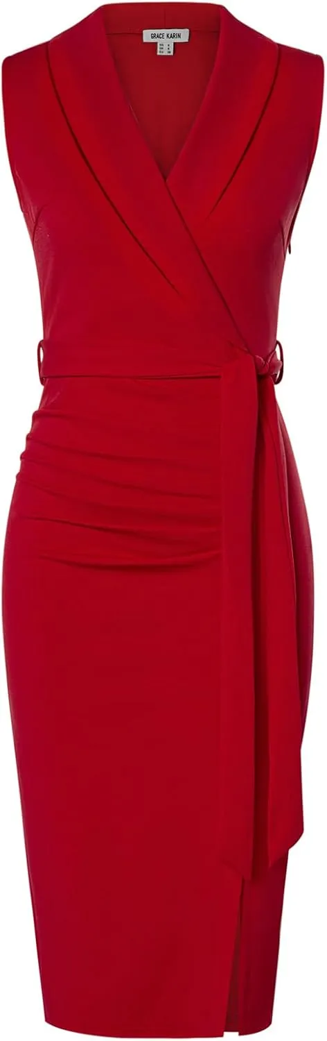 GRACE KARIN Women's Wear to Work Sleeveless Ruched Bodycon Office Pencil Midi Dresses with Belt