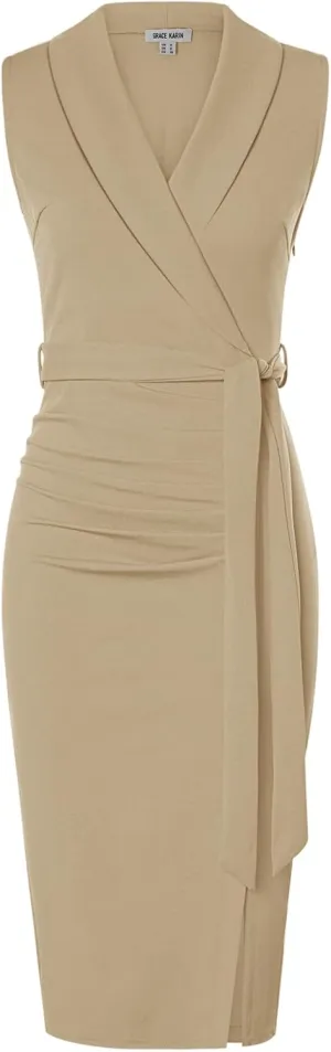 GRACE KARIN Women's Wear to Work Sleeveless Ruched Bodycon Office Pencil Midi Dresses with Belt