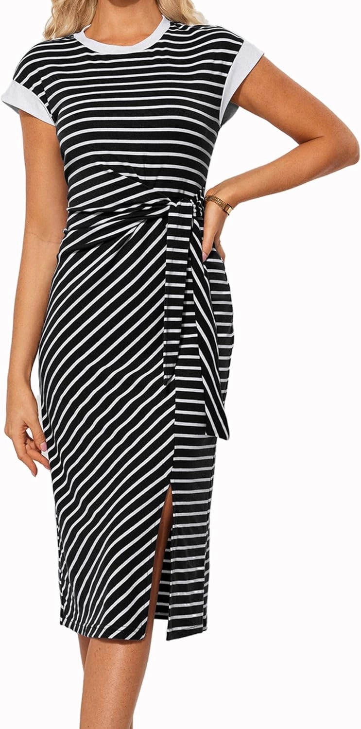 GRACE KARIN Women's Summer Striped Round Neck Cap Sleeve Casual Tie Waist Side Split Bodycon Pencil Midi Dresses