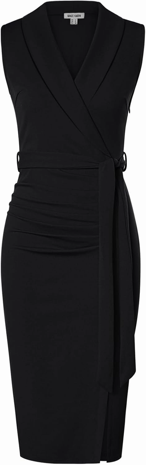 GRACE KARIN Women's Wear to Work Sleeveless Ruched Bodycon Office Pencil Midi Dresses with Belt