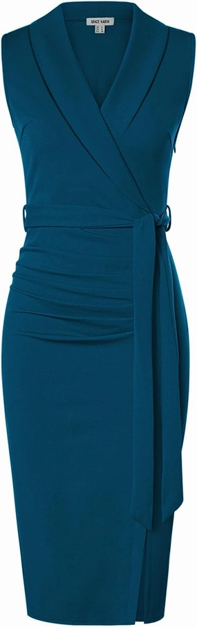 GRACE KARIN Women's Wear to Work Sleeveless Ruched Bodycon Office Pencil Midi Dresses with Belt
