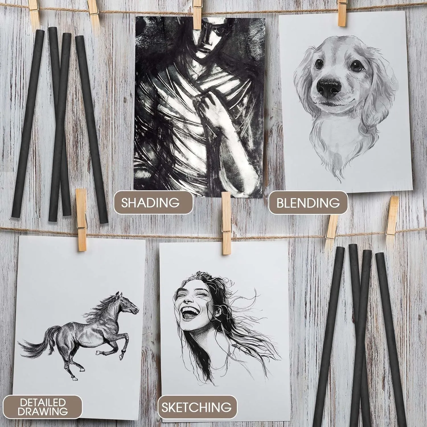 Gueevin 100 Pcs Willow Charcoal Sticks, Soft Black Drawing Charcoal for Sketching and Drawing Art Sketch Artists Supplies, 5.7 Inch in Length, 2-4, 4-5, 5-7 mm