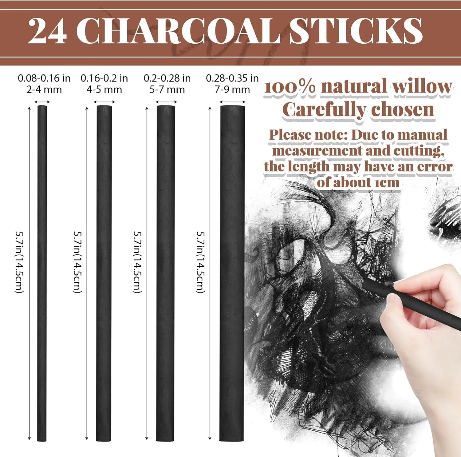 Gueevin 100 Pcs Willow Charcoal Sticks, Soft Black Drawing Charcoal for Sketching and Drawing Art Sketch Artists Supplies, 5.7 Inch in Length, 2-4, 4-5, 5-7 mm