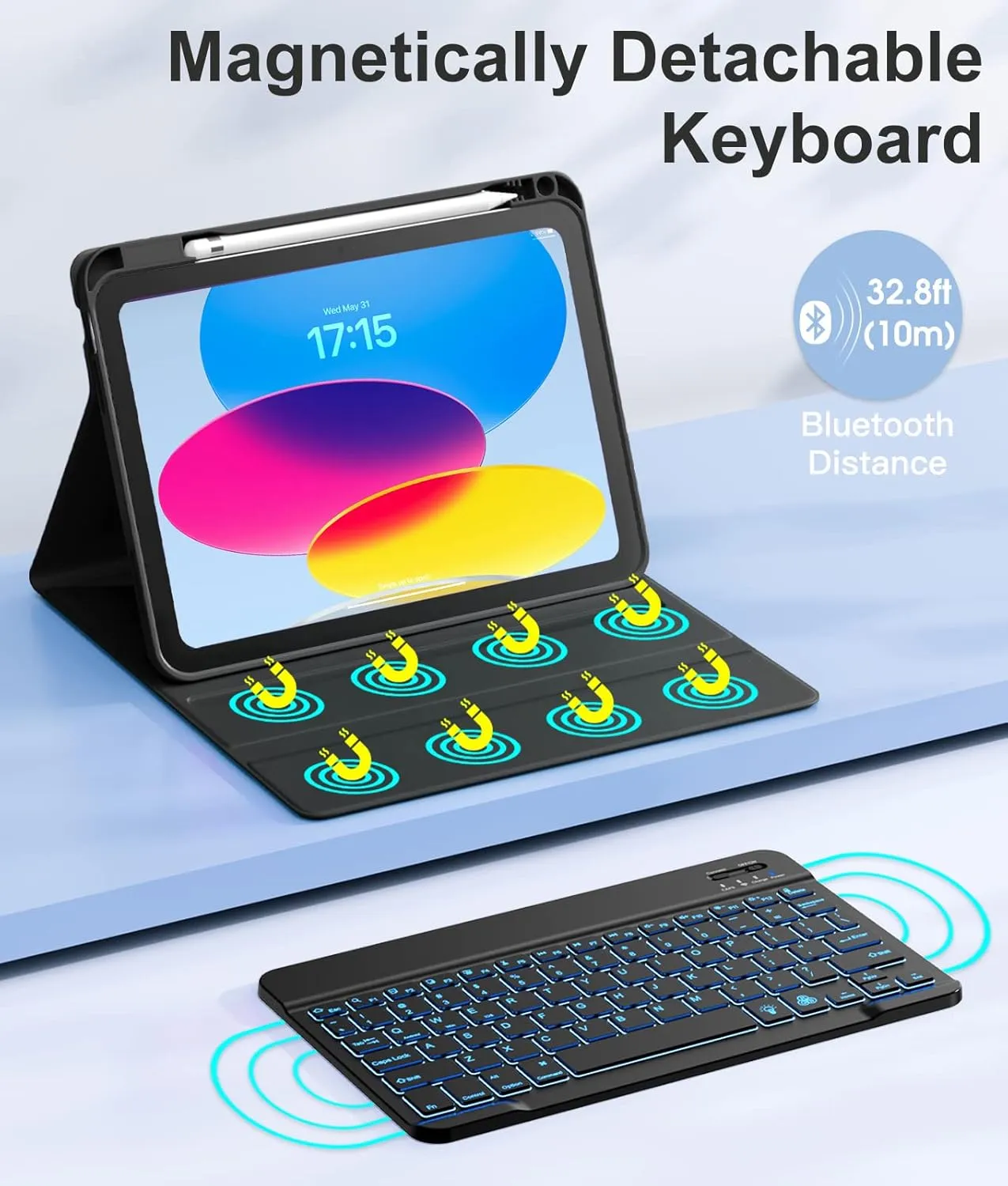 Hamile for iPad 11th 10th Generation Case with Keyboard - 7 Colors Backlit Wireless Detachable Folio Keyboard Cover with Pencil Holder for iPad 11-inch A16 2025 10th Gen 10.9 Inch 2022 (Black)