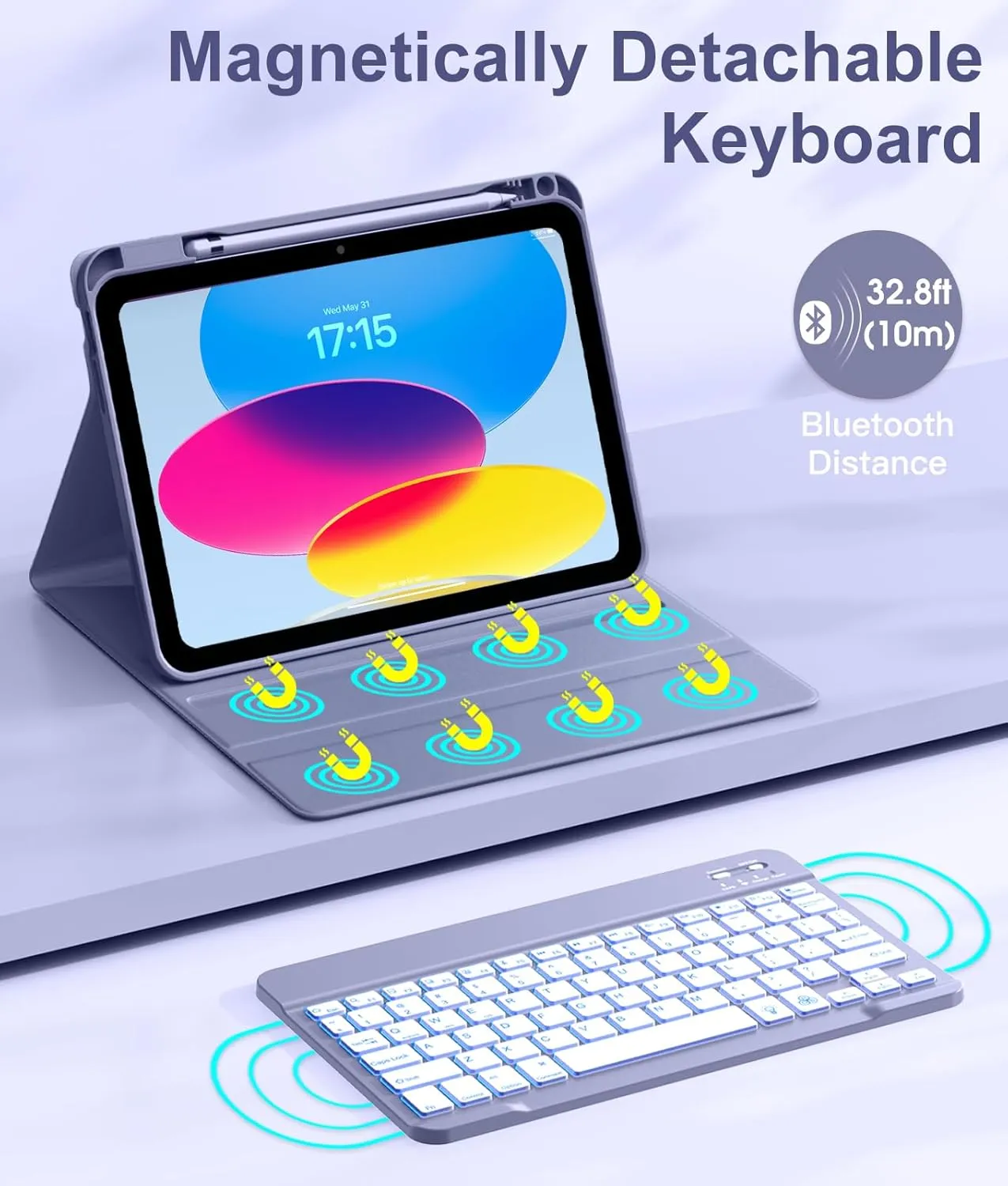 Hamile for iPad 11th 10th Generation Case with Keyboard - 7 Colors Backlit Wireless Detachable Folio Keyboard Cover with Pencil Holder for iPad 11-inch A16 2025 10th Gen 10.9 Inch 2022 (Blue Gray)
