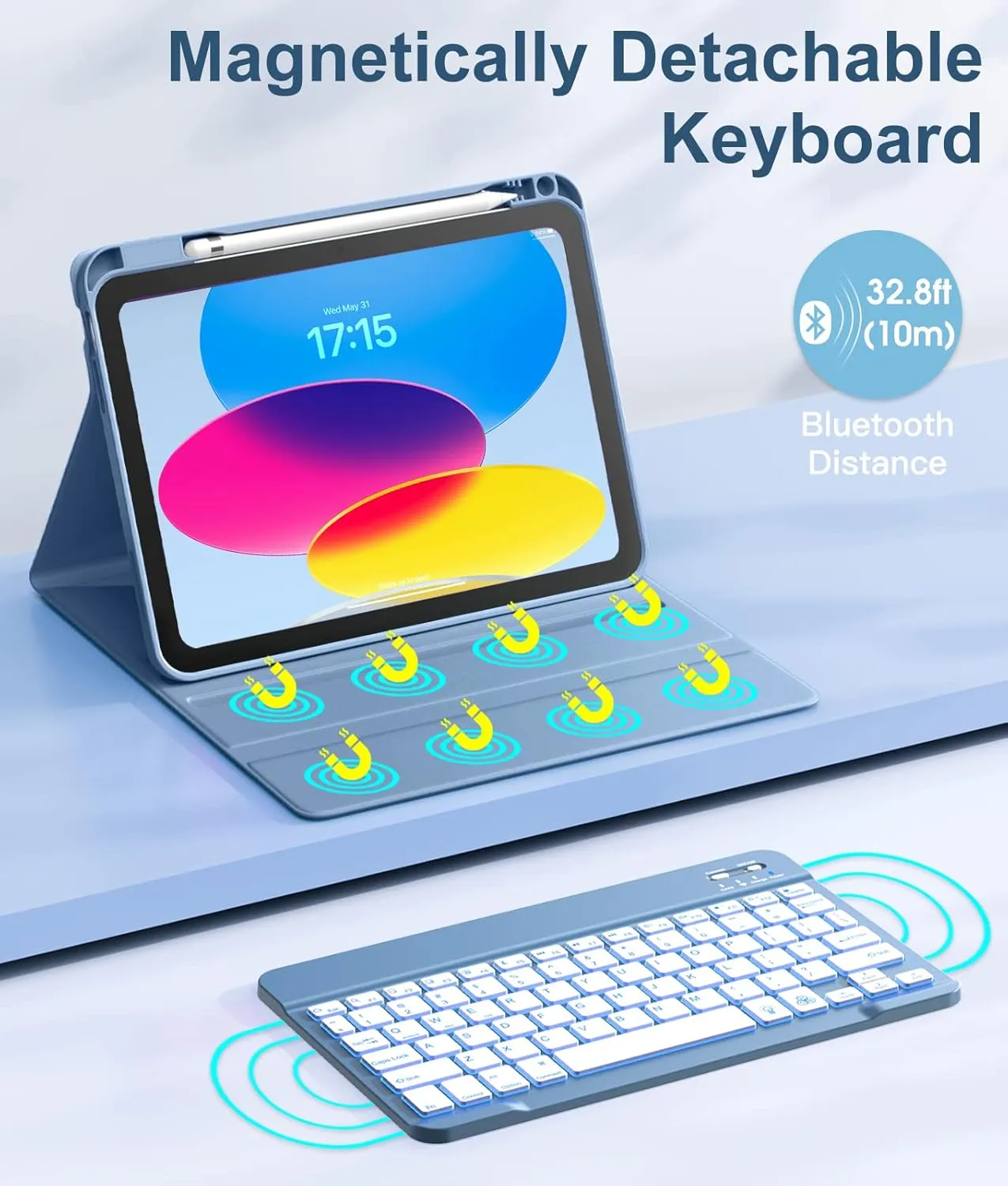Hamile for iPad 11th 10th Generation Case with Keyboard - 7 Colors Backlit Wireless Detachable Folio Keyboard Cover with Pencil Holder for iPad 11-inch A16 2025 10th Gen 10.9 Inch 2022 (Blue)