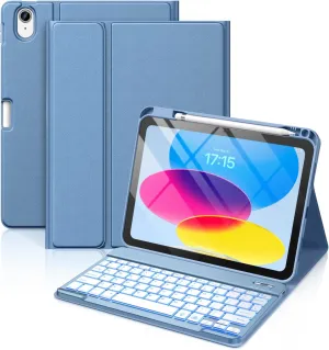 Hamile for iPad 11th 10th Generation Case with Keyboard - 7 Colors Backlit Wireless Detachable Folio Keyboard Cover with Pencil Holder for iPad 11-inch A16 2025 10th Gen 10.9 Inch 2022 (Blue)
