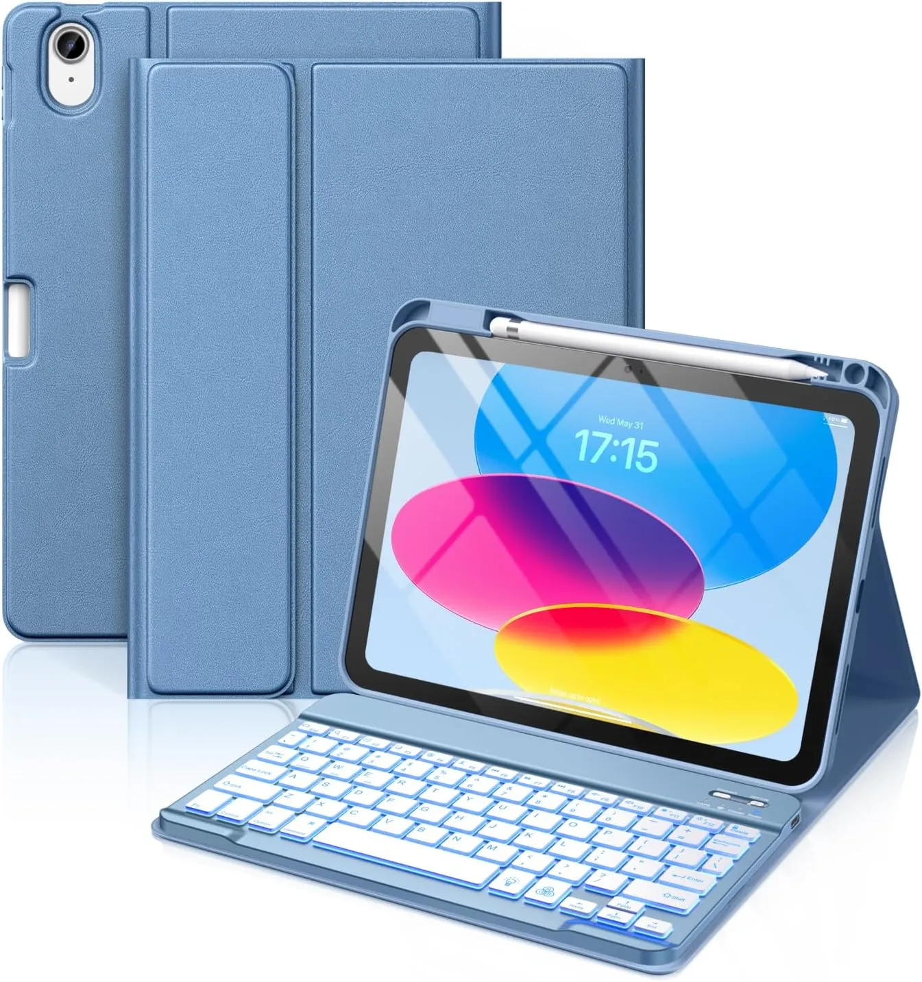 Hamile for iPad 11th 10th Generation Case with Keyboard - 7 Colors Backlit Wireless Detachable Folio Keyboard Cover with Pencil Holder for iPad 11-inch A16 2025 10th Gen 10.9 Inch 2022 (Blue)