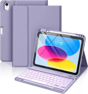 Hamile for iPad 11th 10th Generation Case with Keyboard - 7 Colors Backlit Wireless Detachable Folio Keyboard Cover with Pencil Holder for iPad 11-inch A16 2025 10th Gen 10.9 Inch 2022 (Lavender)