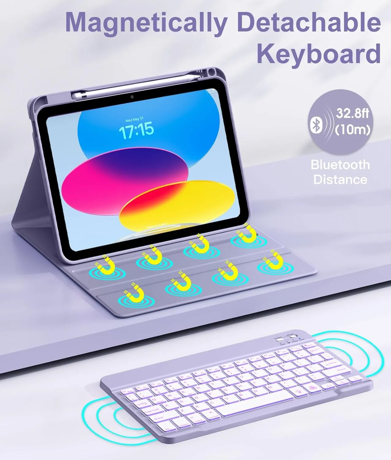 Hamile for iPad 11th 10th Generation Case with Keyboard - 7 Colors Backlit Wireless Detachable Folio Keyboard Cover with Pencil Holder for iPad 11-inch A16 2025 10th Gen 10.9 Inch 2022 (Lavender)