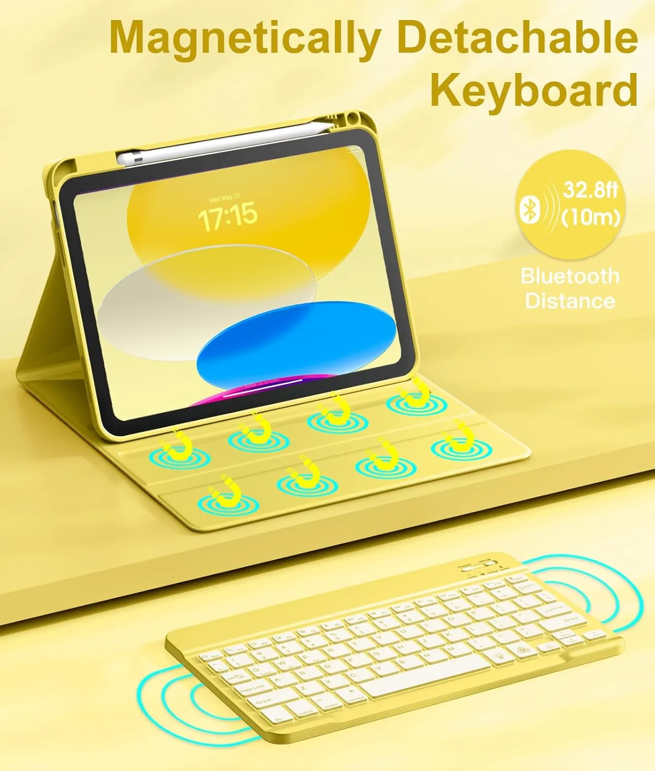 Hamile for iPad 11th 10th Generation Case with Keyboard - 7 Colors Backlit Wireless Detachable Folio Keyboard Cover with Pencil Holder for iPad 11-inch A16 2025 10th Gen 10.9 Inch 2022 (Yellow)