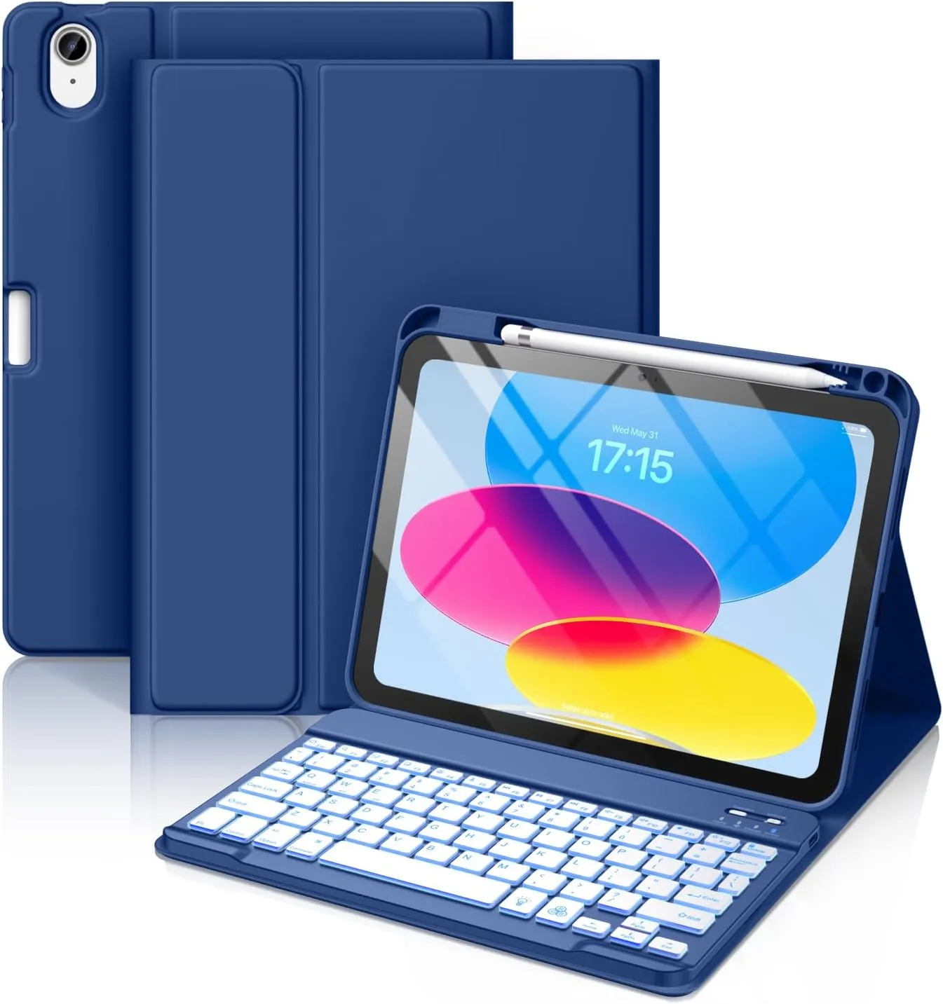 Hamile for iPad 11th 10th Generation Case with Keyboard - 7 Colors Backlit Wireless Detachable Folio Keyboard Cover with Pencil Holder for iPad A16 11-inch 2025 10th Gen 10.9 Inch 2022 (Navy Blue)