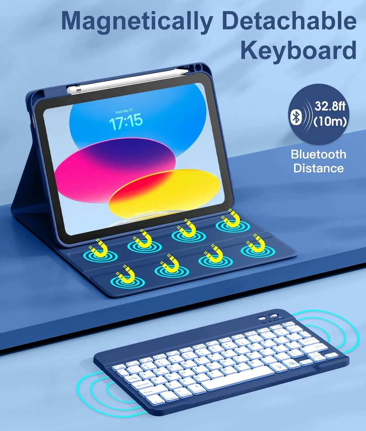Hamile for iPad 11th 10th Generation Case with Keyboard - 7 Colors Backlit Wireless Detachable Folio Keyboard Cover with Pencil Holder for iPad A16 11-inch 2025 10th Gen 10.9 Inch 2022 (Navy Blue)