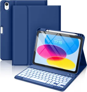 Hamile for iPad 11th 10th Generation Case with Keyboard - 7 Colors Backlit Wireless Detachable Folio Keyboard Cover with Pencil Holder for iPad A16 11-inch 2025 10th Gen 10.9 Inch 2022 (Navy Blue)