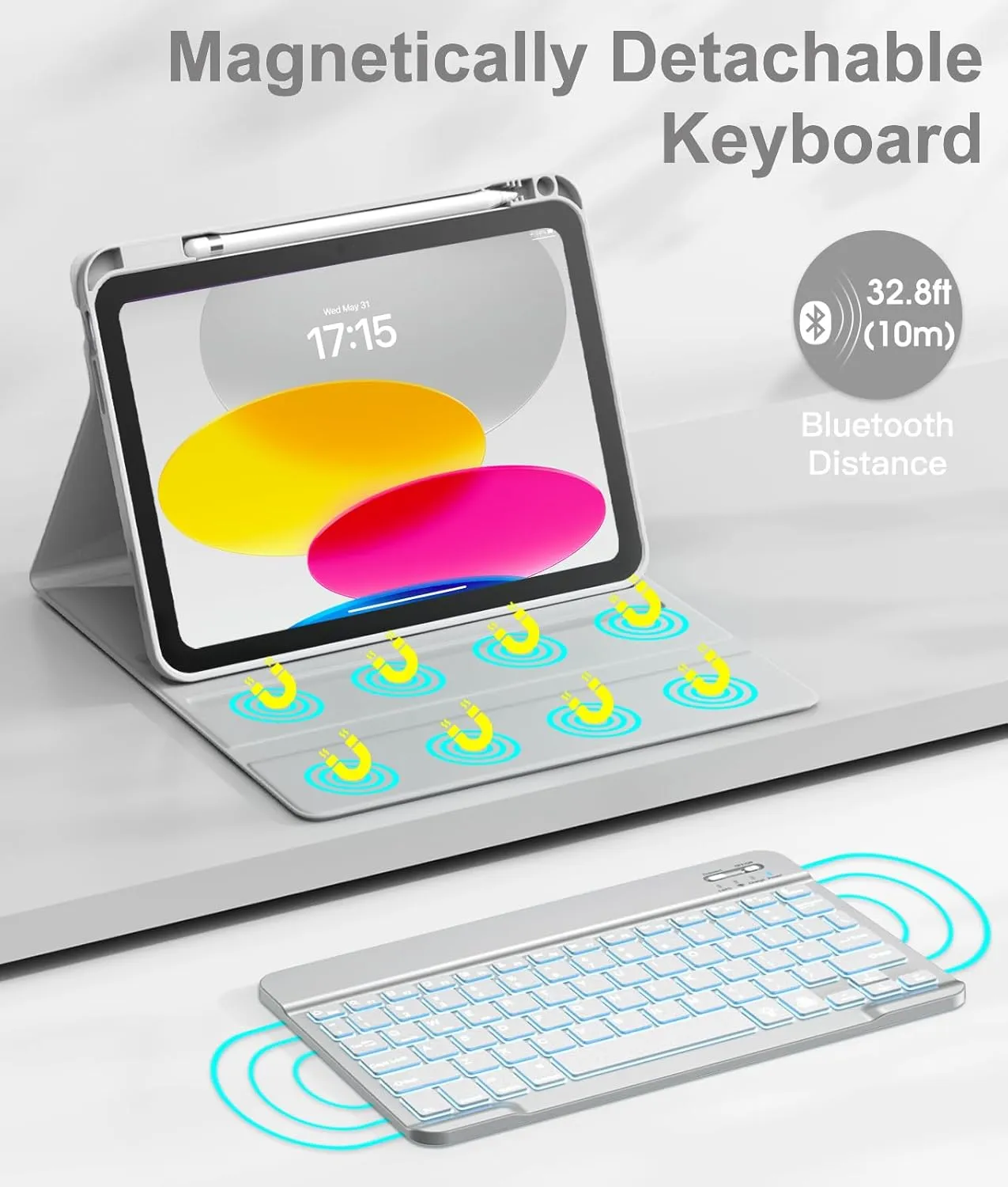 Hamile Keyboard Case for iPad 11th 10th Generation - 7 Colors Backlit Wireless Detachable Folio Keyboard Cover with Pencil Holder for iPad 11-inch A16 2025 10th Gen 10.9 Inch 2022 (Gray)