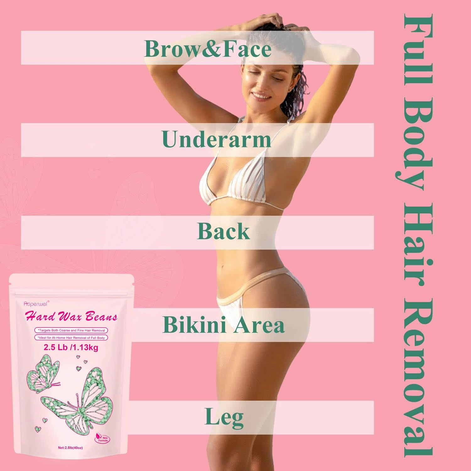 Hard Wax Beads for Hair Removal - 2.5lb/40oz Sensitive Skin Waxing Kit with 20 Sticks for Brazilian, Bikini, Underarms, Face & Body - Large Bulk Tea Tree Wax Beads