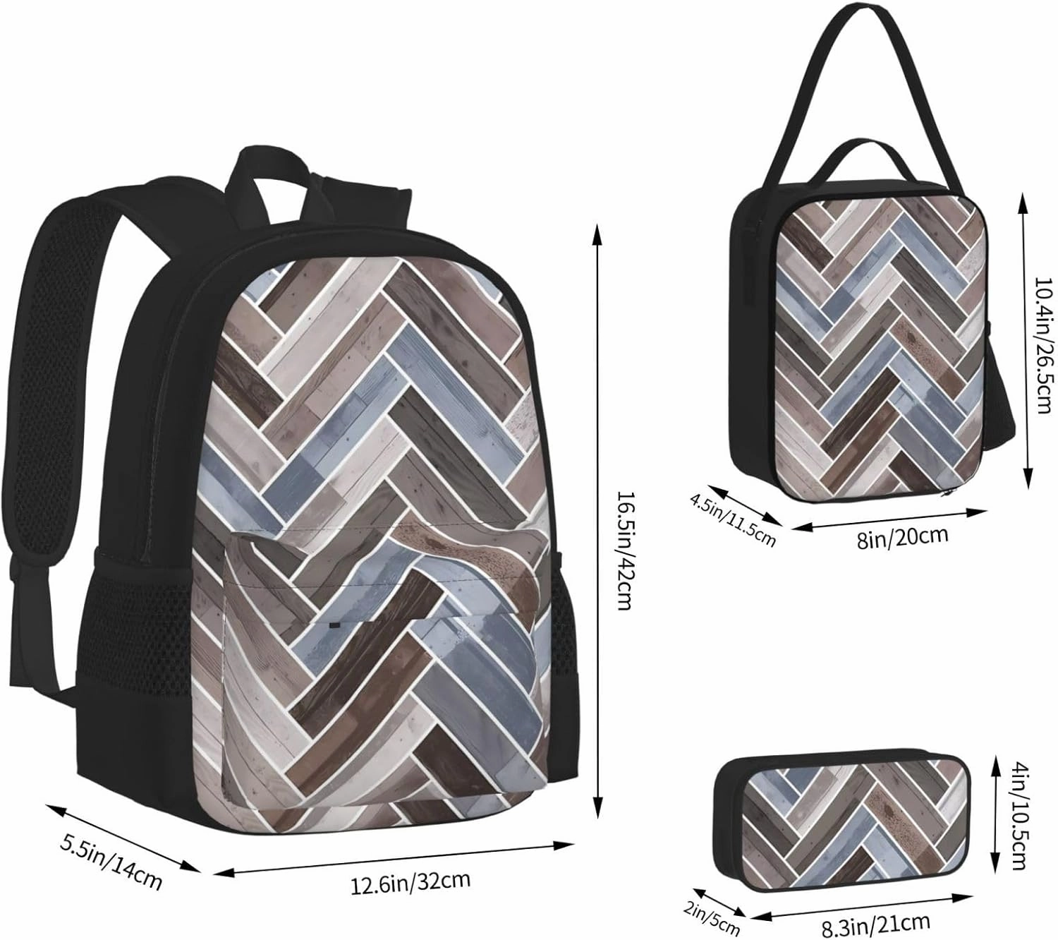 Herringbone in Blue Brown Grey Multifunctional Pocket Backpack Crossbody Lunch Bag Pencil Case 3Pcs Set Large Capacity Backpack