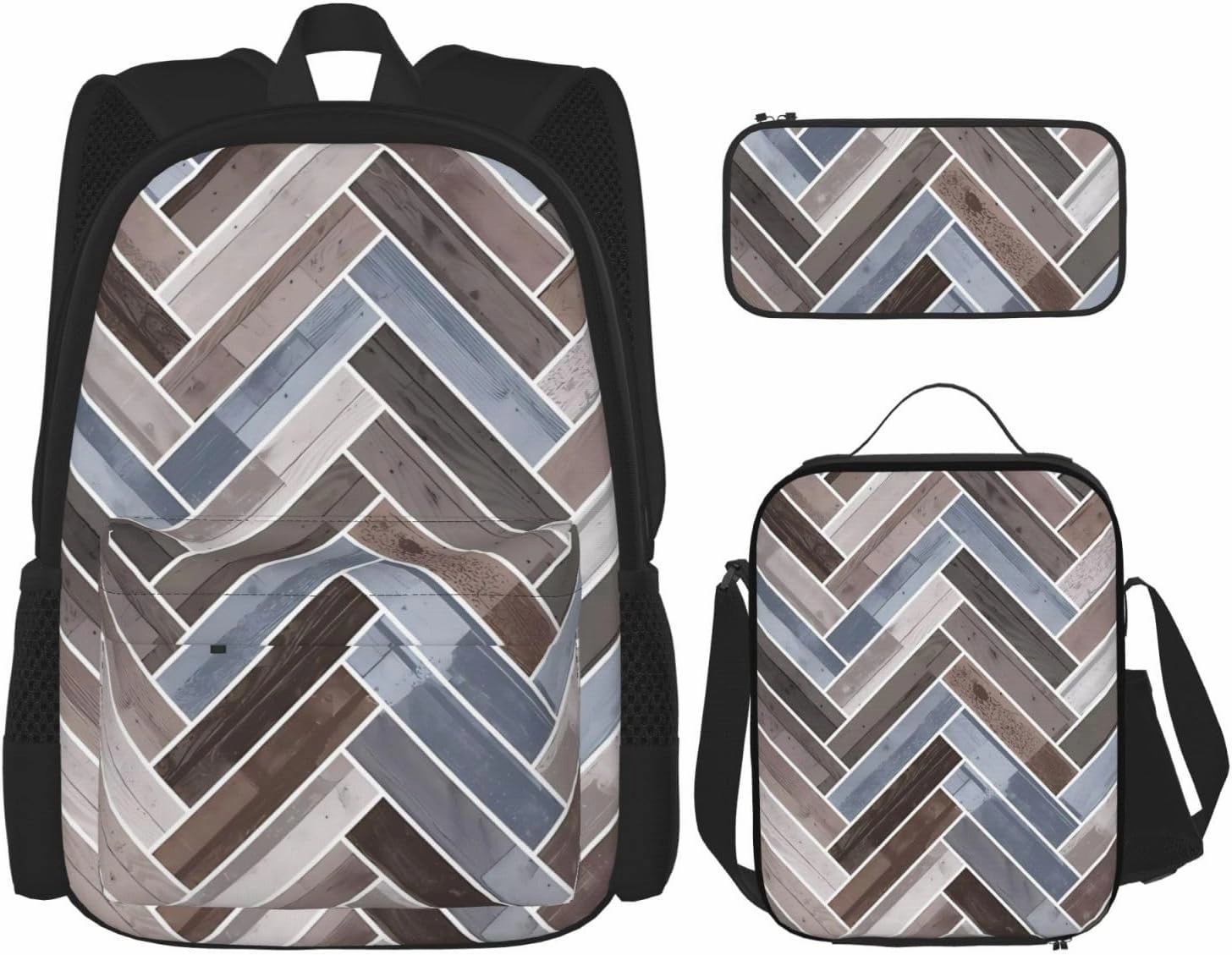 Herringbone in Blue Brown Grey Multifunctional Pocket Backpack Crossbody Lunch Bag Pencil Case 3Pcs Set Large Capacity Backpack