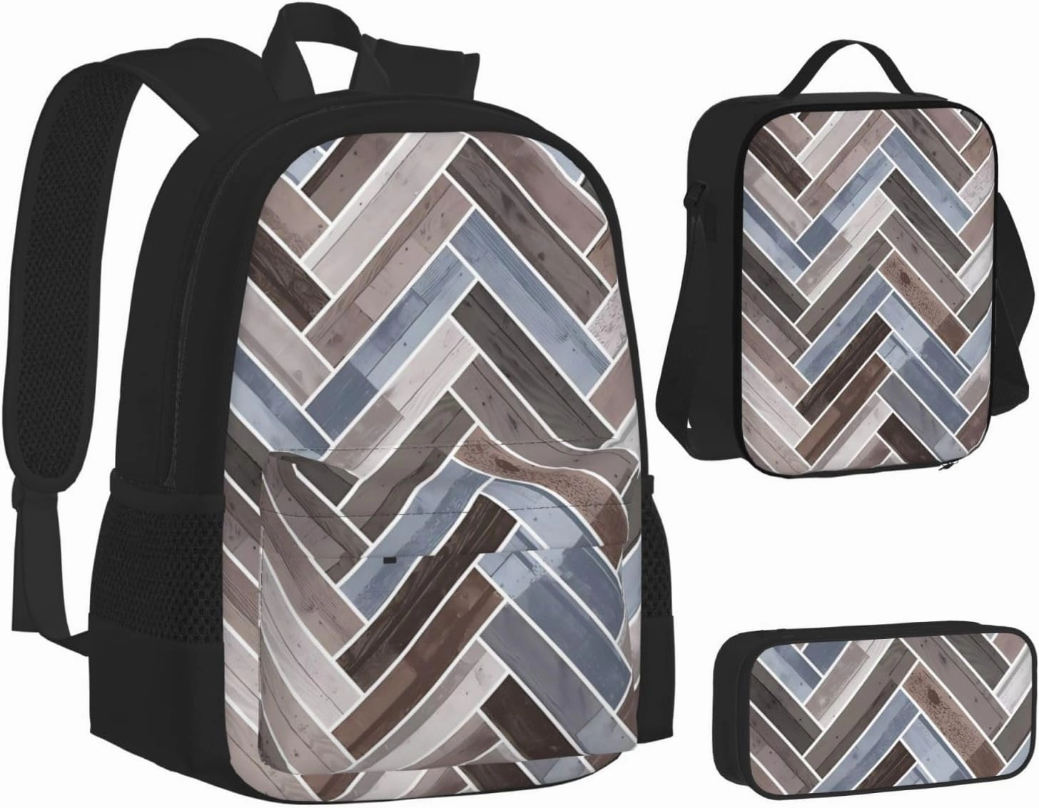 Herringbone in Blue Brown Grey Multifunctional Pocket Backpack Crossbody Lunch Bag Pencil Case 3Pcs Set Large Capacity Backpack
