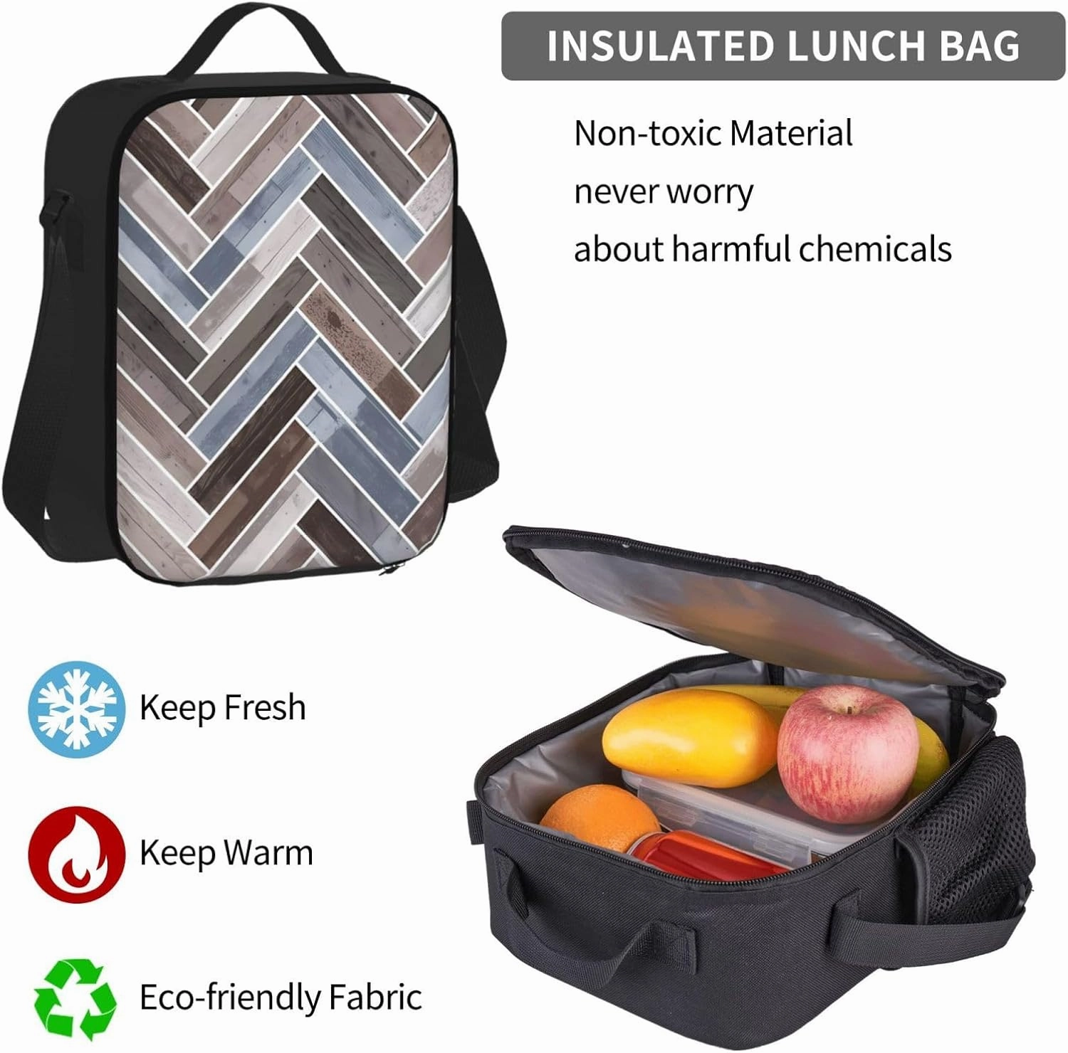 Herringbone in Blue Brown Grey Multifunctional Pocket Backpack Crossbody Lunch Bag Pencil Case 3Pcs Set Large Capacity Backpack