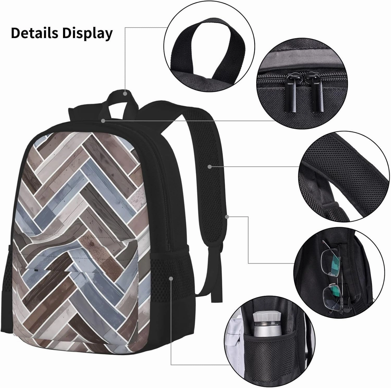 Herringbone in Blue Brown Grey Multifunctional Pocket Backpack Crossbody Lunch Bag Pencil Case 3Pcs Set Large Capacity Backpack