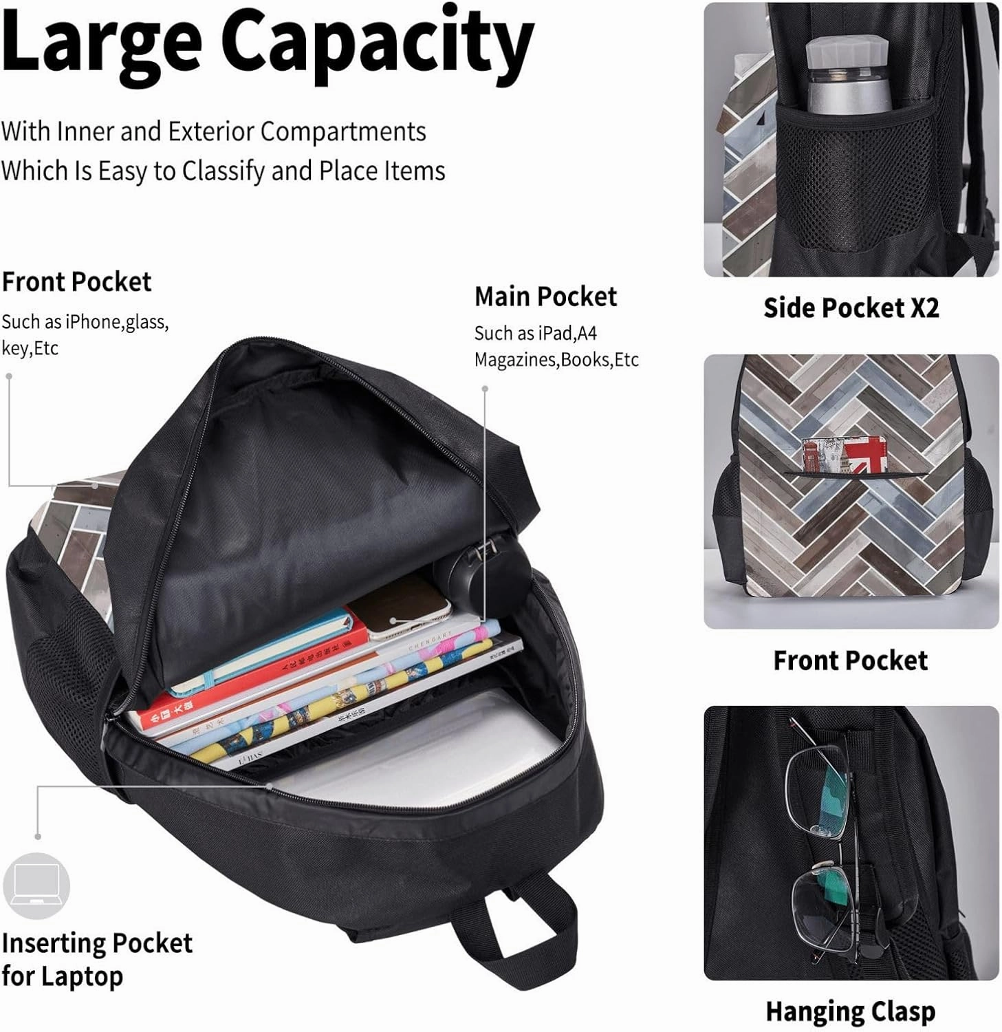 Herringbone in Blue Brown Grey Multifunctional Pocket Backpack Crossbody Lunch Bag Pencil Case 3Pcs Set Large Capacity Backpack
