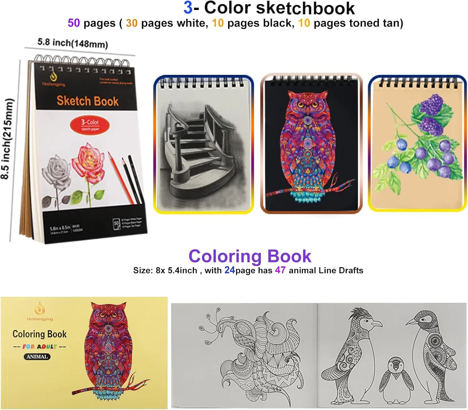 Heshengping, 41pcs Sketching Pencil Set Drawing Sketch Kit Graphite Charcoal Watercolor Pencils Blending Stumps 50page sketchbook, coloring book, Beginners Artist Teens and Adults
