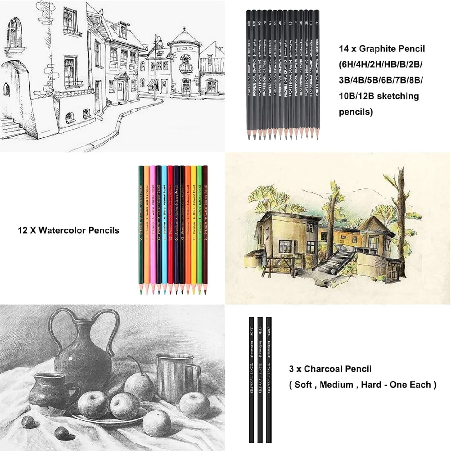 Heshengping, 41pcs Sketching Pencil Set Drawing Sketch Kit Graphite Charcoal Watercolor Pencils Blending Stumps 50page sketchbook, coloring book, Beginners Artist Teens and Adults