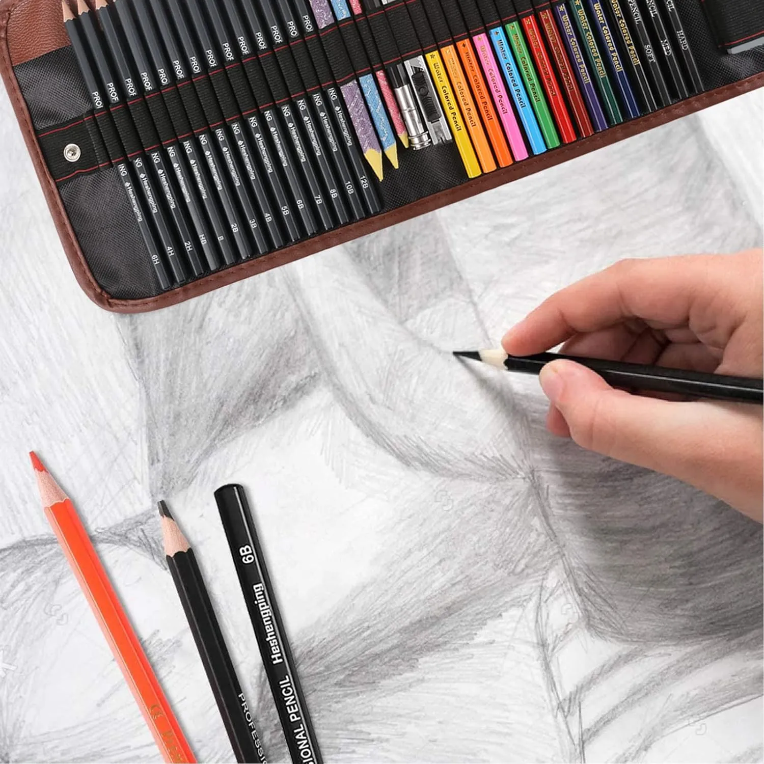 Heshengping, 41pcs Sketching Pencil Set Drawing Sketch Kit Graphite Charcoal Watercolor Pencils Blending Stumps 50page sketchbook, coloring book, Beginners Artist Teens and Adults