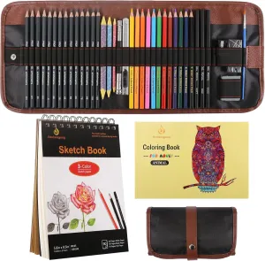 Heshengping, 41pcs Sketching Pencil Set Drawing Sketch Kit Graphite Charcoal Watercolor Pencils Blending Stumps 50page sketchbook, coloring book, Beginners Artist Teens and Adults