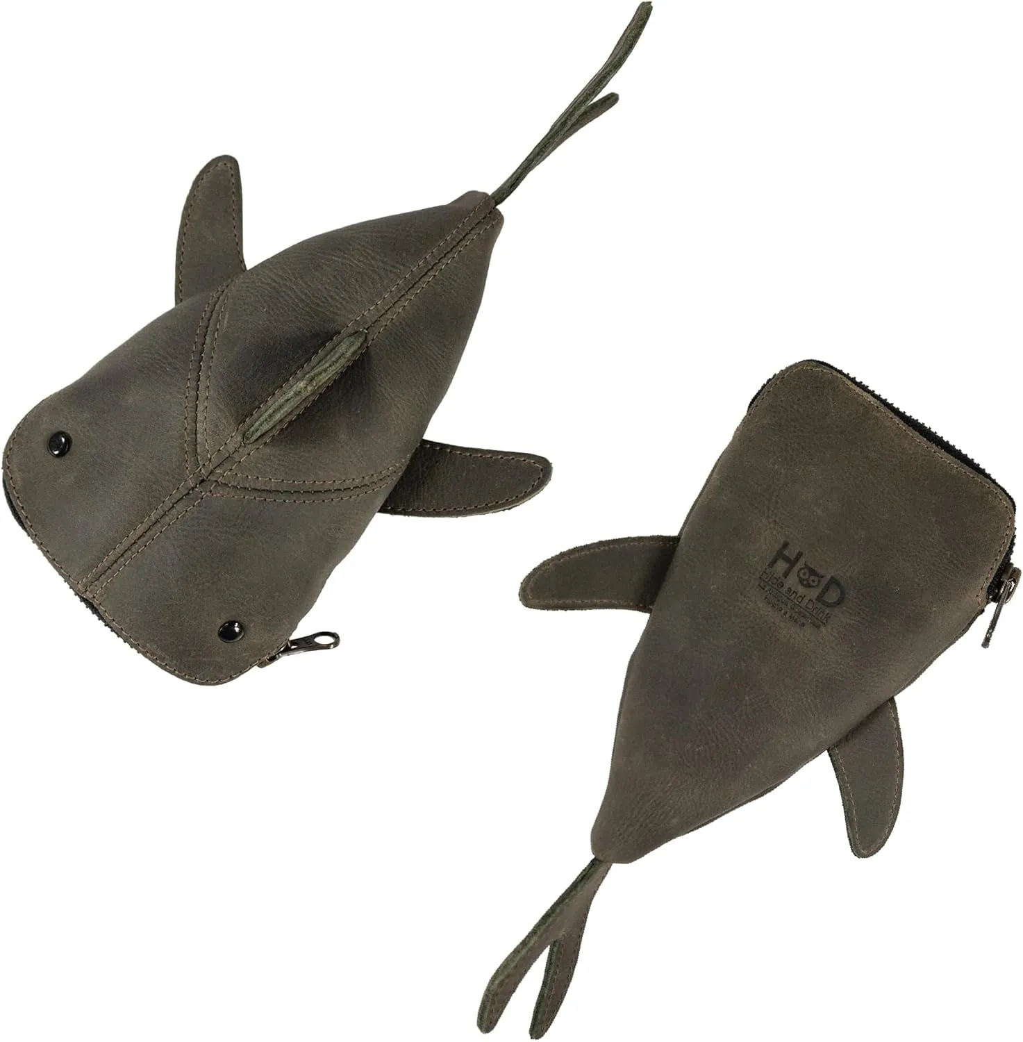 Hide & Drink, Zippered Coin Pouch, Shark Shaped Case, Stuffed Animal, Bank, Change Bag, Pencil Purse, Shark Shaped Cable Holder, Full Grain Leather, Handmade Wallet, Dark Jade
